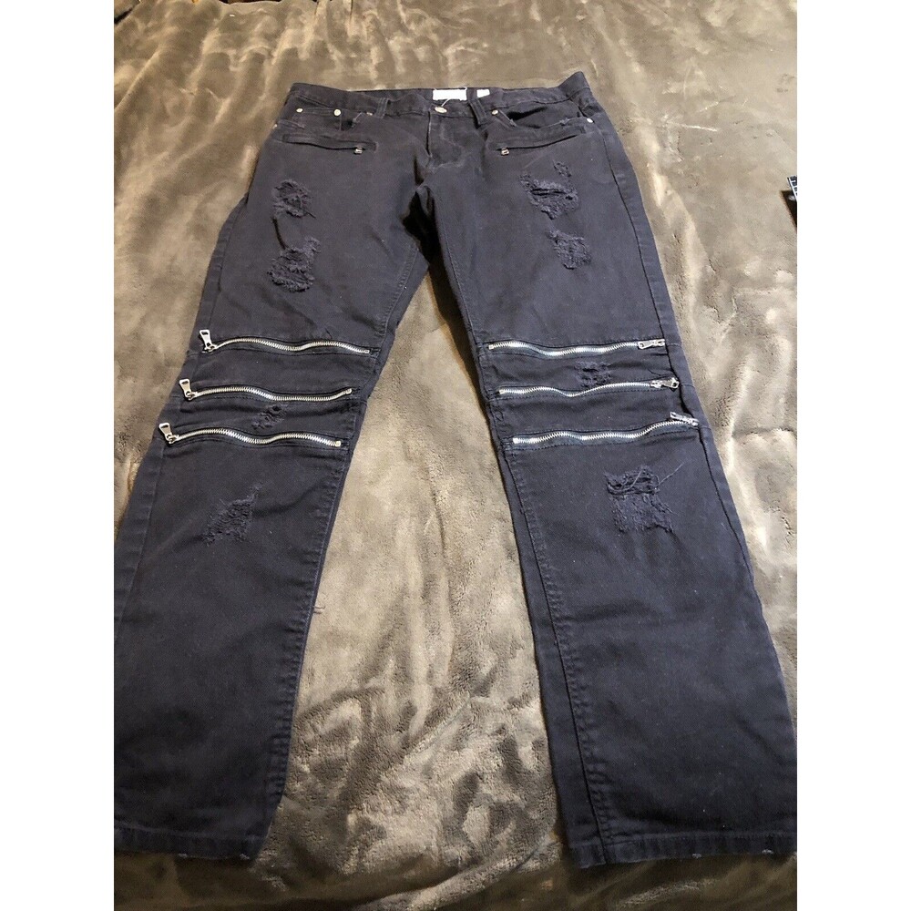 fwrd mens sz 38/32 jeans black acid wash rigid distressed W/zippers